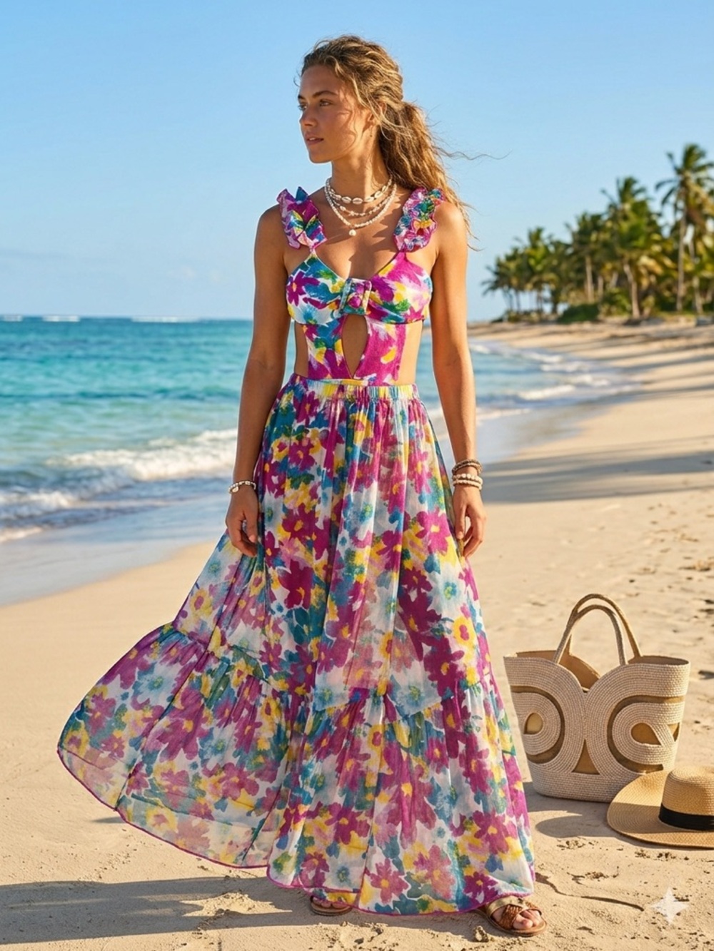 Floral Multicolor Ruffle Boho Cutout One-Piece Swimsuit with a skirt set Size S
